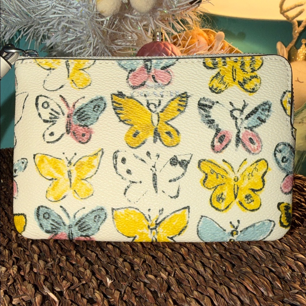 Coach White Leather Butterfly Print Wristlet with Yellow, Pink & Blue Accents